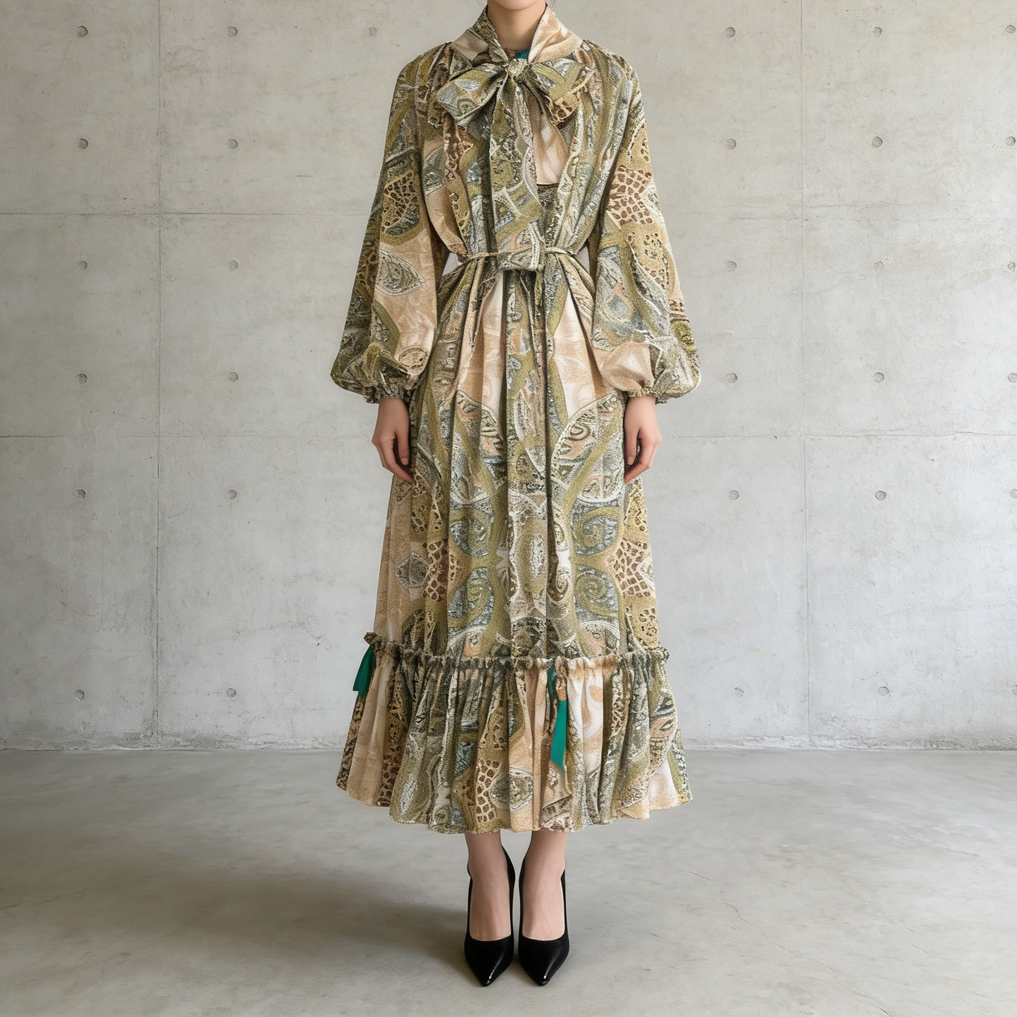 【ワンピース】レトロ風 長袖 リボン付き ウエストマーク Aライン 花柄プリント ランタンスリーブ ワンピース エレガント ロングワンピース レディース【SHシリーズ】