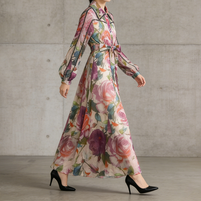 【ワンピース】フレンチエレガント ビジュー装飾 長袖 襟付き ウエストマーク 体型カバー 花柄 フレア ロングワンピースレディース
【SHシリーズ】