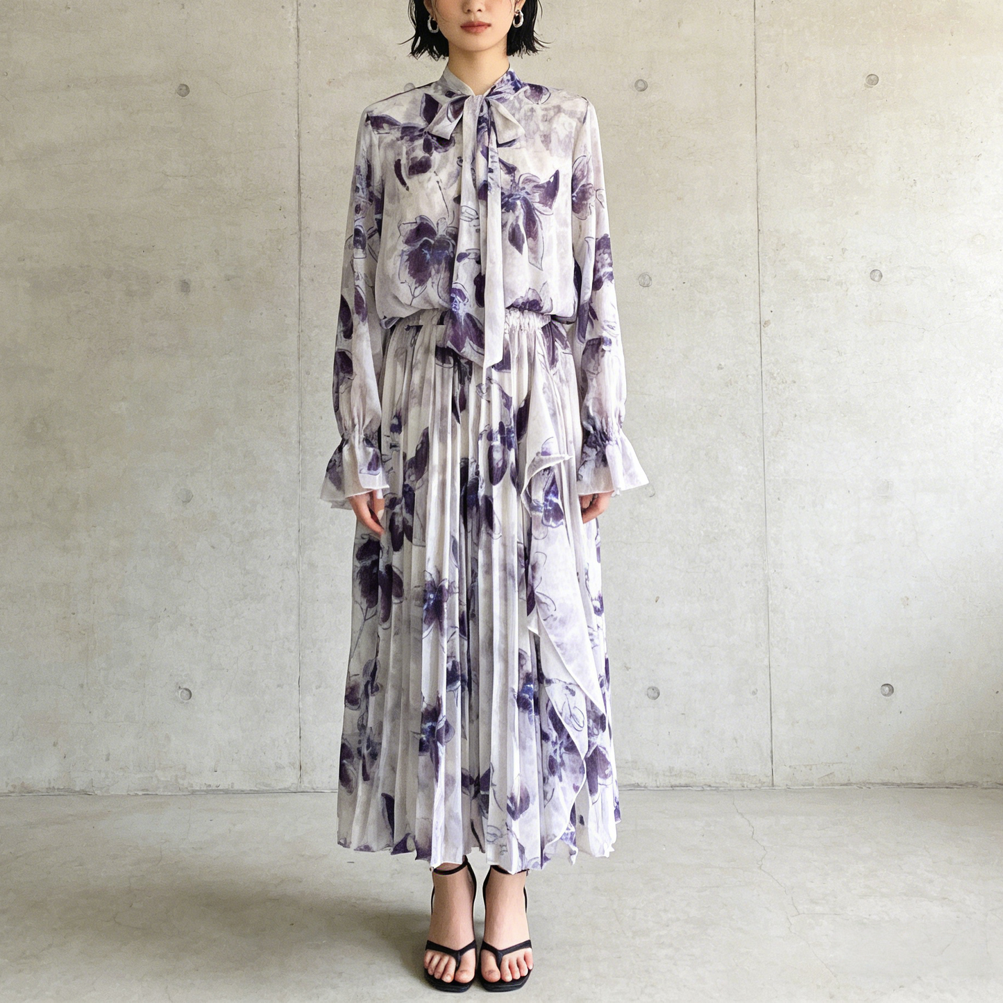 期間限定⭐️60%OFF【ワンピース】リボン付き シフォン ハイウエスト 小花柄 長袖 ワンピース 【SHシリーズ】