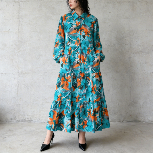 【60%OFF⭐️早い者勝ち】【ワンピース】プリント シングルボタン シャツ ロング丈 長袖 ワンピース 【SHシリーズ】