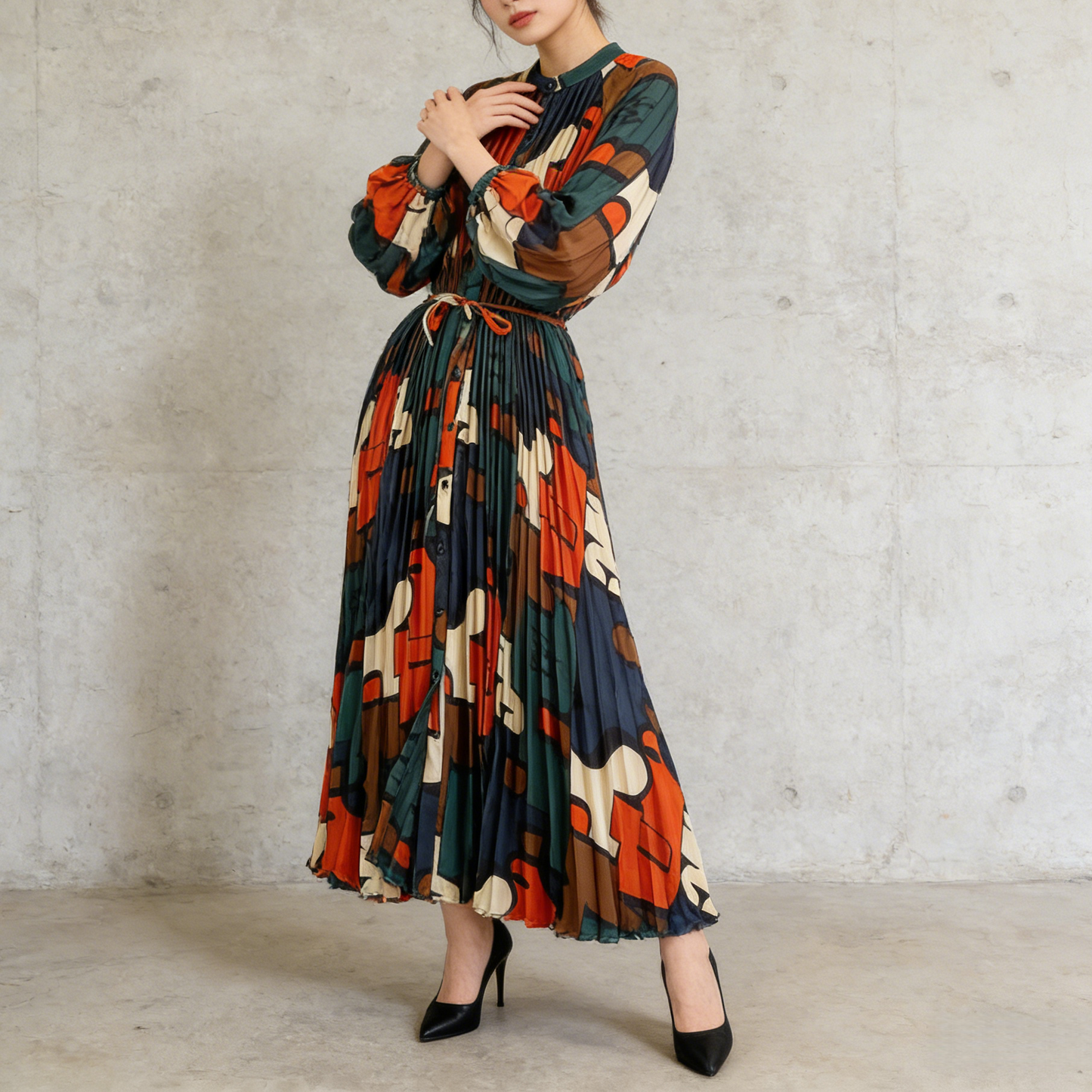 【ワンピース】ラウンドネック サテン プリント プリーツ 長袖 ワンピース 【SHシリーズ】