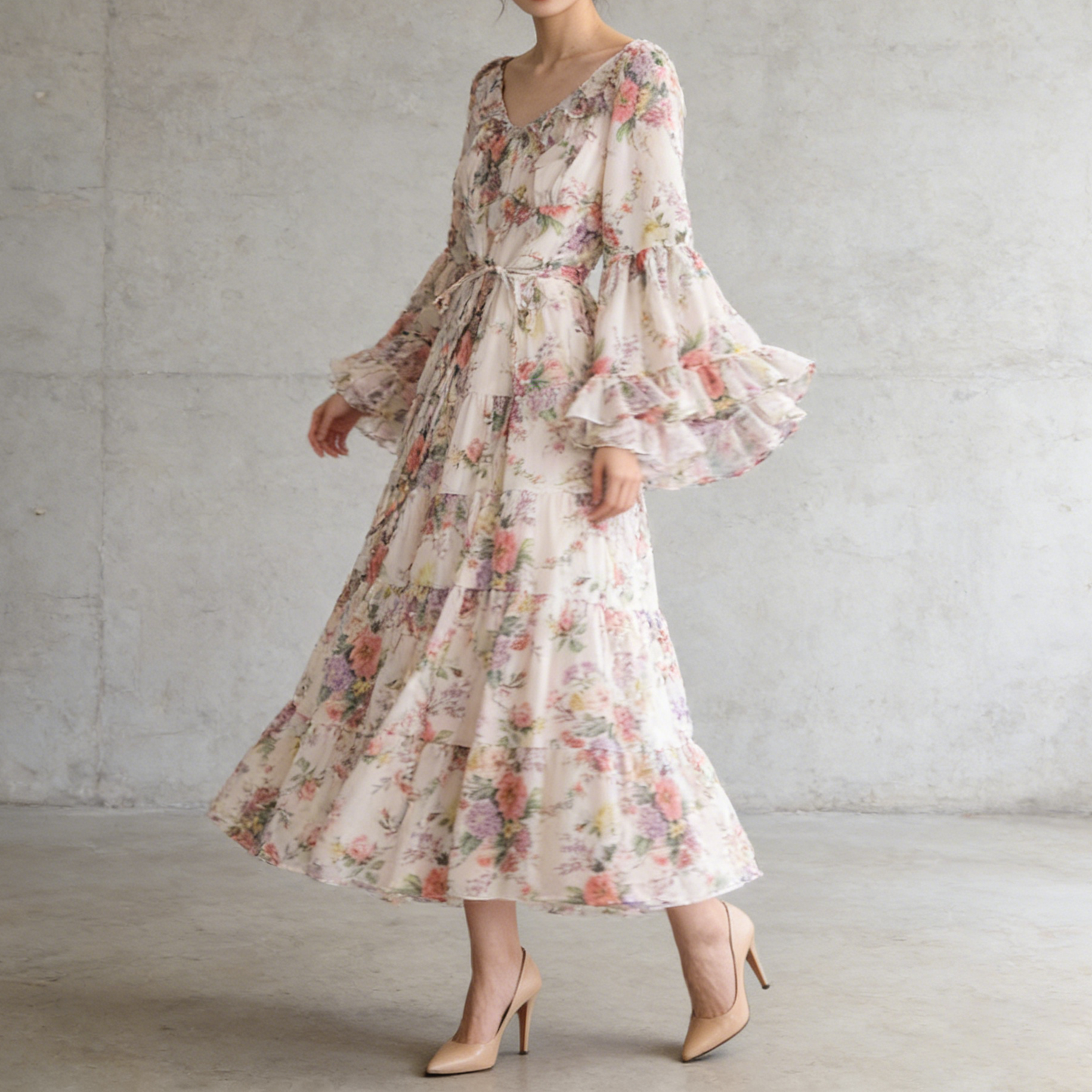 【ワンピース】褒められ確定！フレンチ小衆 長袖 プリントロングワンピース｜シフォン＆ベルスリーブ【SHシリーズ】