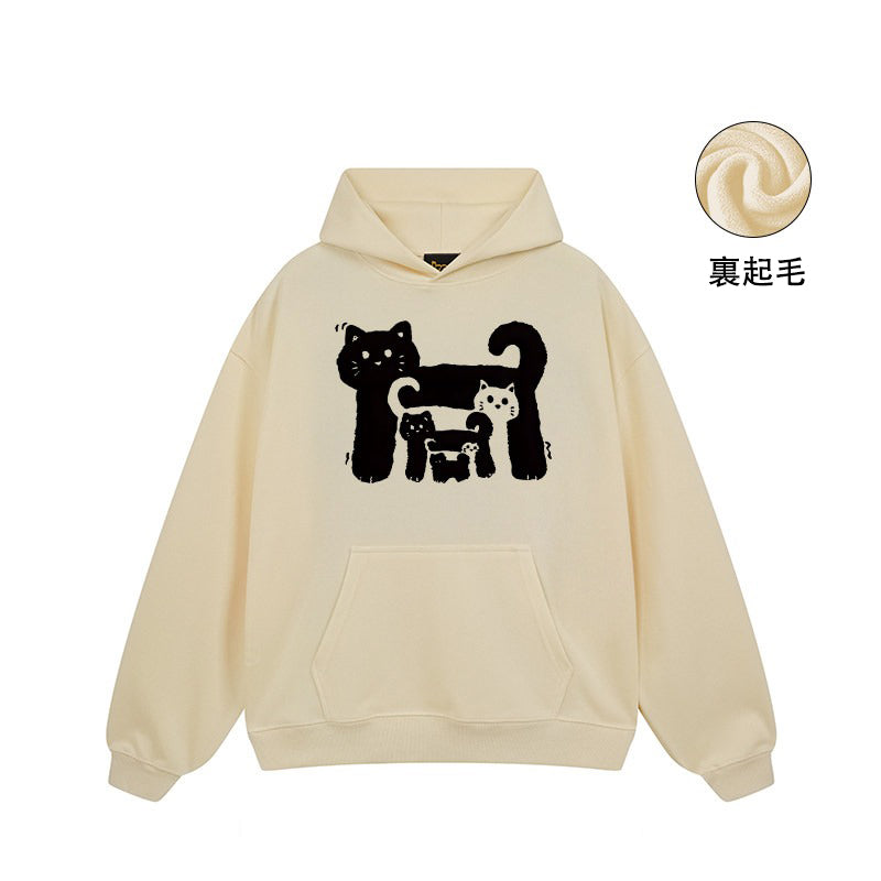 【トップス】🐱アメリカンストリート猫プリントコットンパーカー ユニセックス ペアルック 秋冬 スクール風【FCシリーズ】
