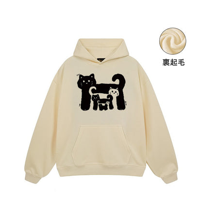 【トップス】🐱アメリカンストリート猫プリントコットンパーカー ユニセックス ペアルック 秋冬 スクール風【FCシリーズ】