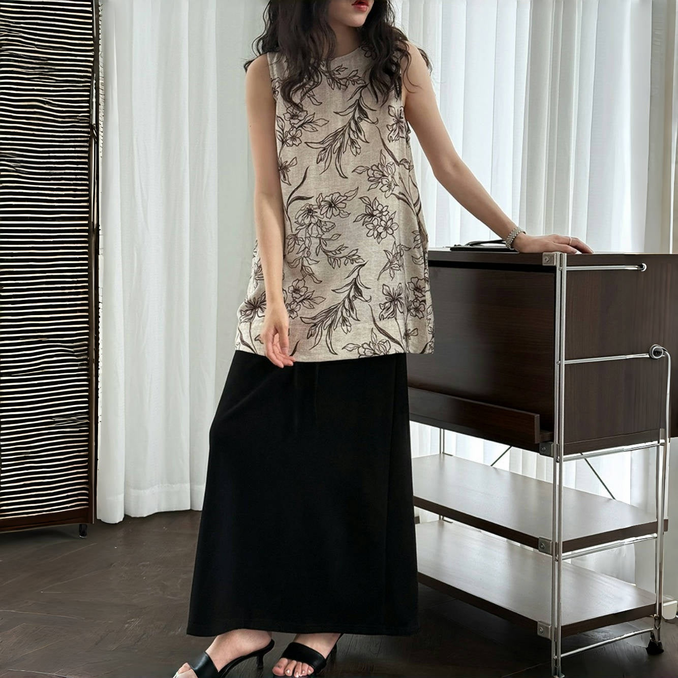 【ボトムス】夏  ハイウエスト Aライン ドローコード ロング スカート 【SNシリーズ】