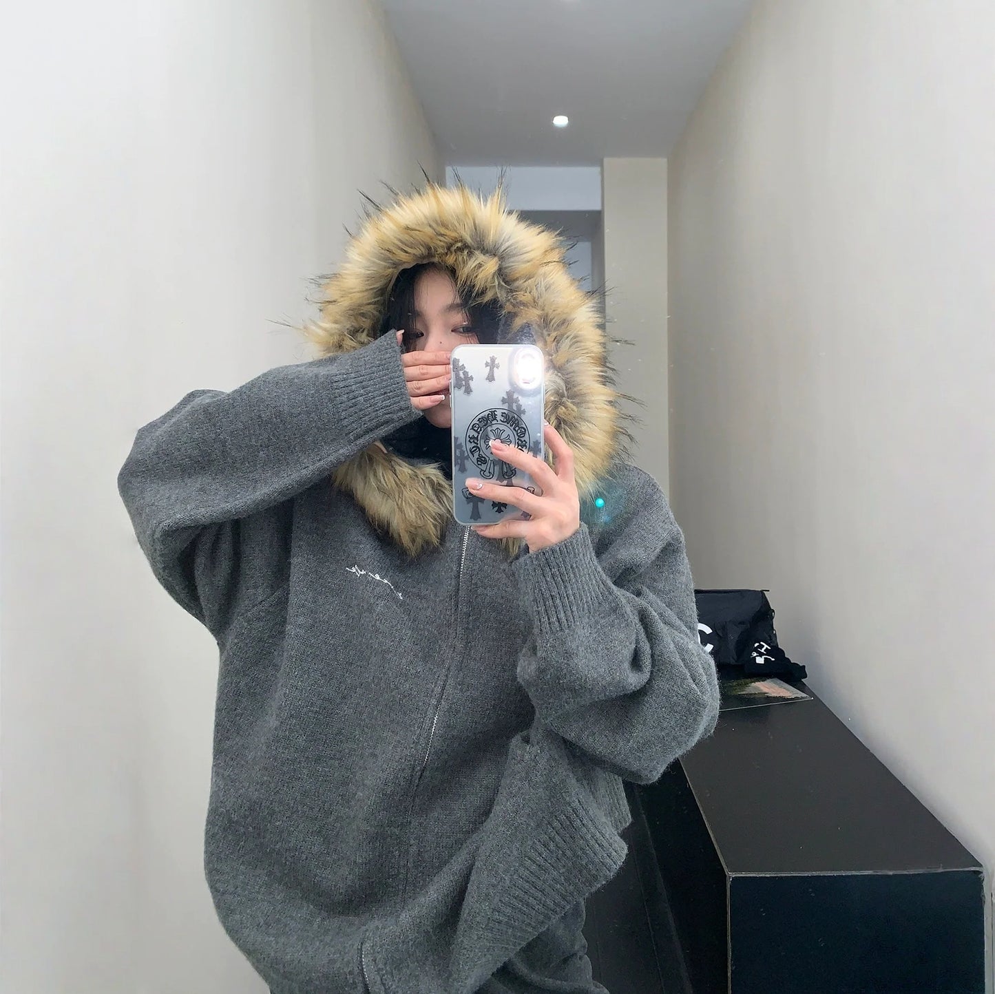 【アウター】春 秋 冬 ファーフード ヘビーウェイト 厚手 ニット ジャケット 【FCシリーズ】