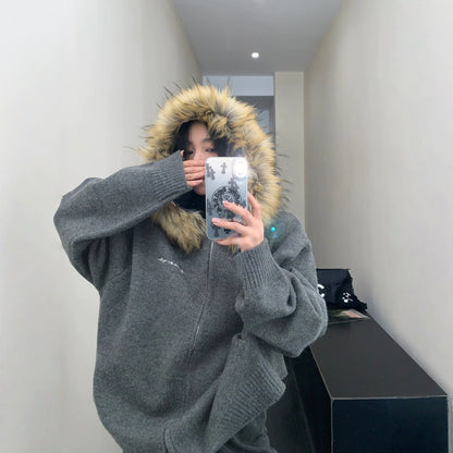 【アウター】春 秋 冬 ファーフード ヘビーウェイト 厚手 ニット ジャケット 【FCシリーズ】