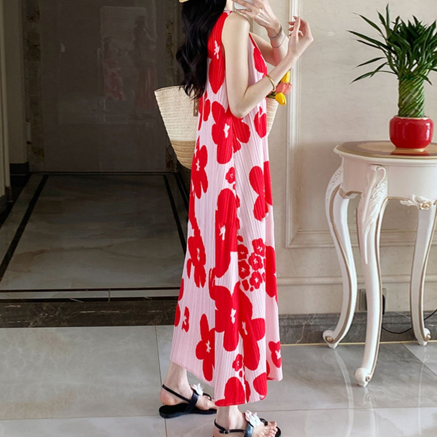 【ワンピース】フレンチ 海辺リゾート ビーチ プリーツプリント ノースリーブワンピース【SHシリーズ】