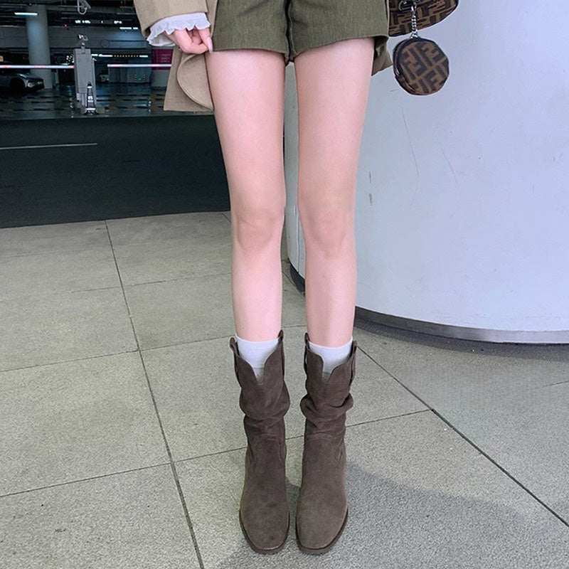 【シューズ】春 秋 冬 ラウンドトゥ チャンキーヒール 脚長効果 くしゅくしゅデザイン マーチンブーツ 【JZシリーズ】