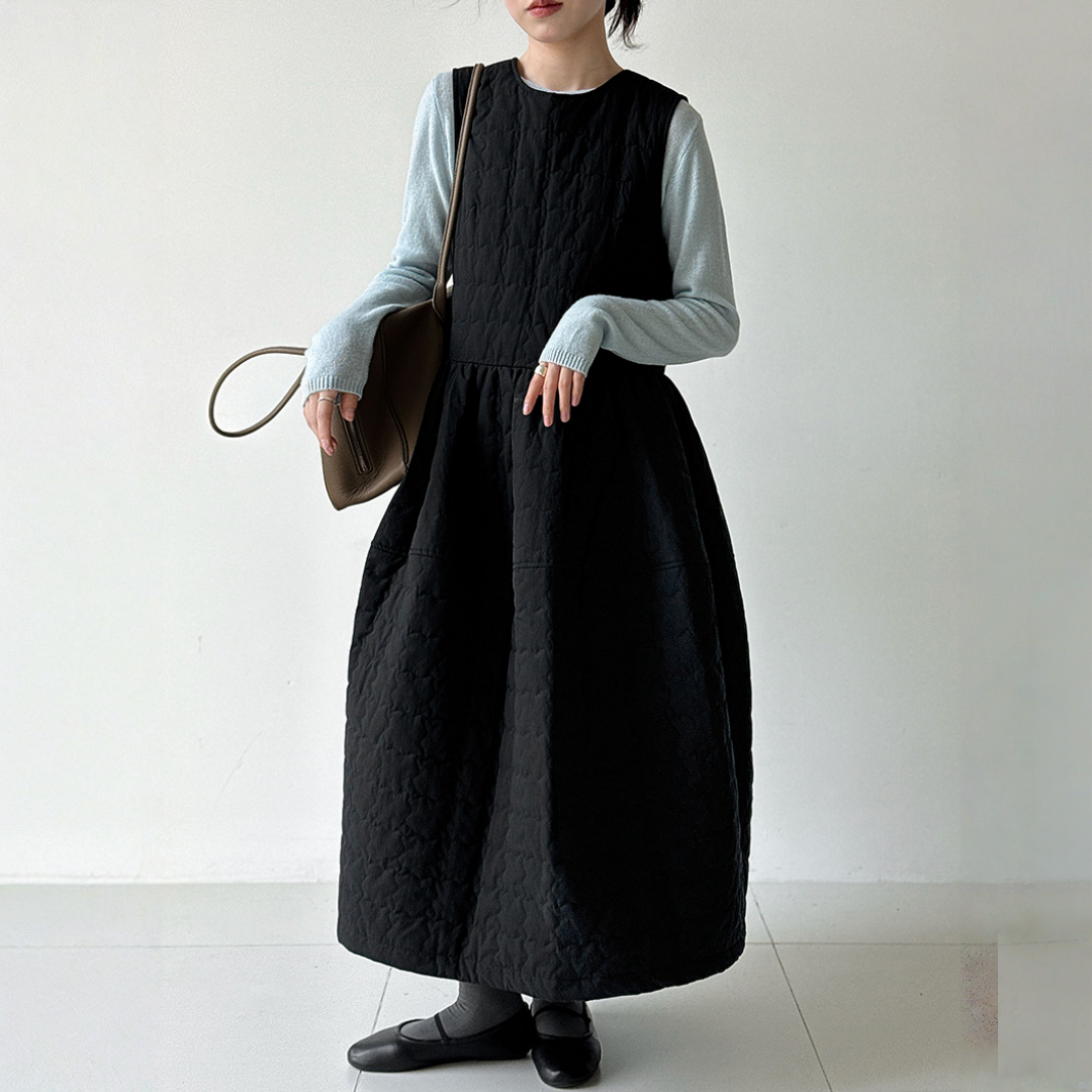 【ワンピース】春 秋 冬 厚手 中綿入り リボン付き ゆったり ロング ノースリーブ ワンピース【JZシリーズ】