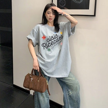 【トップス】レトロ コットン100％ 立体刺繍 オーバーサイズ 半袖 Tシャツ 【FCシリーズ】