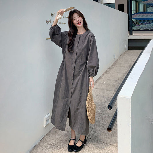 【ワンピース】韓国風 長袖 グレー シャツワンピース ゆったりシルエット リラックス感 ロング丈 体型カバー【JZシリーズ】