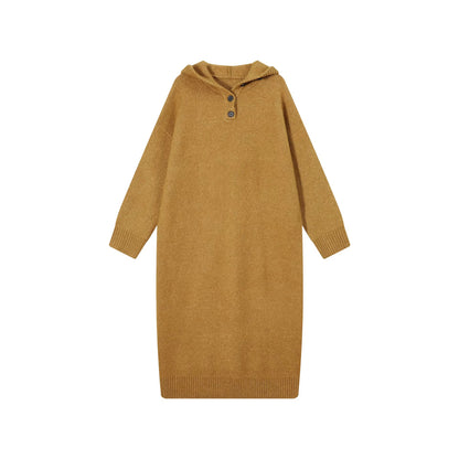 【ワンピース】フード付き ニット長袖ワンピース レディース 秋冬 韓国風 ルーズ 体型カバー ロング丈【FCシリーズ】【15～20日内発送】