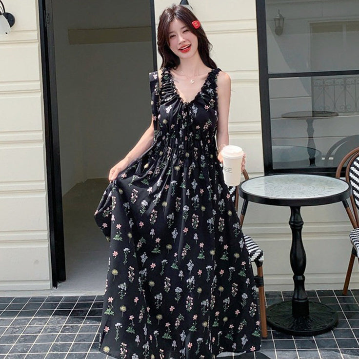 【ワンピース】花柄 キャミワンピース レディース 夏 ブラック Aライン ノースリーブ ロングワンピース 細見え 人気 リゾート風【SHシリーズ】