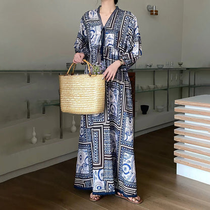 【ワンピース】レディース カジュアルゆったり大きめサイズ 2026新作 リゾート風プリント長袖ワンピース【SHシリーズ】