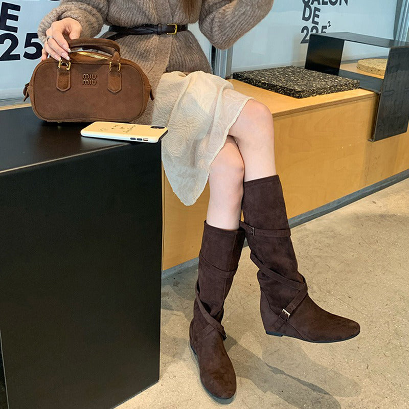 【シューズ】🖤6cmスタイルアップ！柔らかくて履きやすい✨韓国風ベルト付きミドルブーツ レディース 秋冬新作