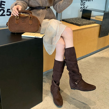 【シューズ】🖤6cmスタイルアップ！柔らかくて履きやすい✨韓国風ベルト付きミドルブーツ レディース 秋冬新作