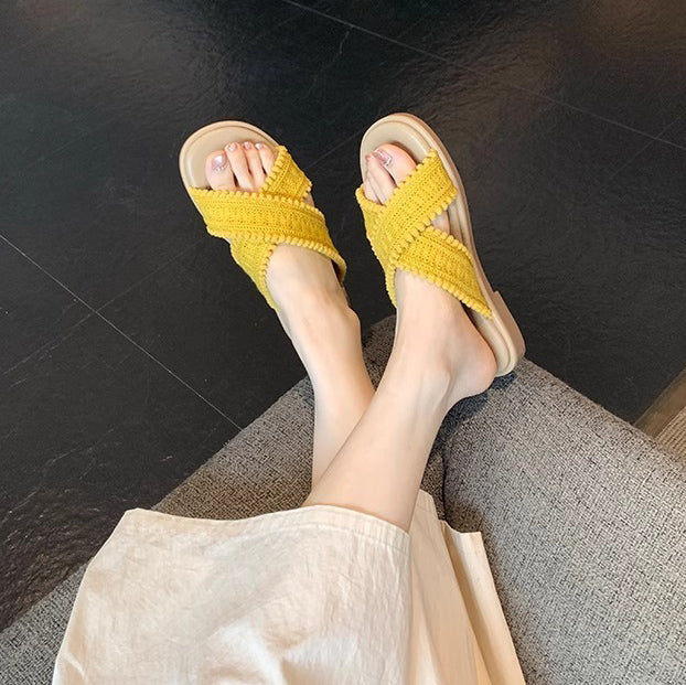 【シューズ】リゾート風 クロス編み オープントゥ サンダル