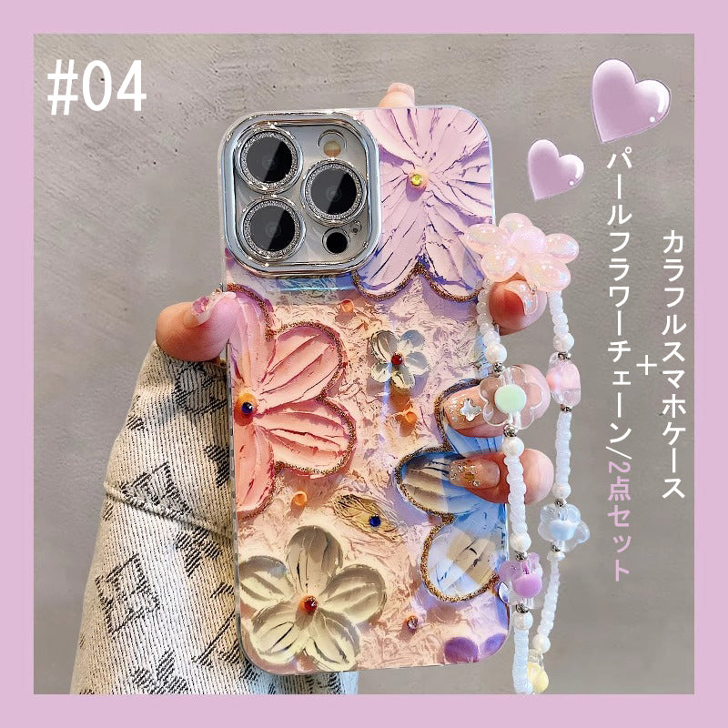 【グッズ】iPhone 16 Pro Max / 15 Pro / 13 / 13 PM  用 ブルーライトカット 油絵フラワー 韓国風 レディース 全面保護 レンズカバー付き 高級感 ストラップ付き 新作 スマホケース