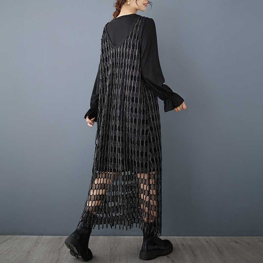 【ワンピース】デザイン感 シルバーラメ メッシュ ベストワンピース＋無地 長袖Tシャツ 2点セット ゆったり【AHシリーズ】