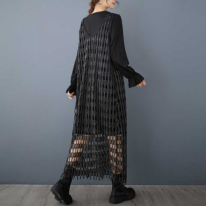 【ワンピース】デザイン感 シルバーラメ メッシュ ベストワンピース＋無地 長袖Tシャツ 2点セット ゆったり【AHシリーズ】