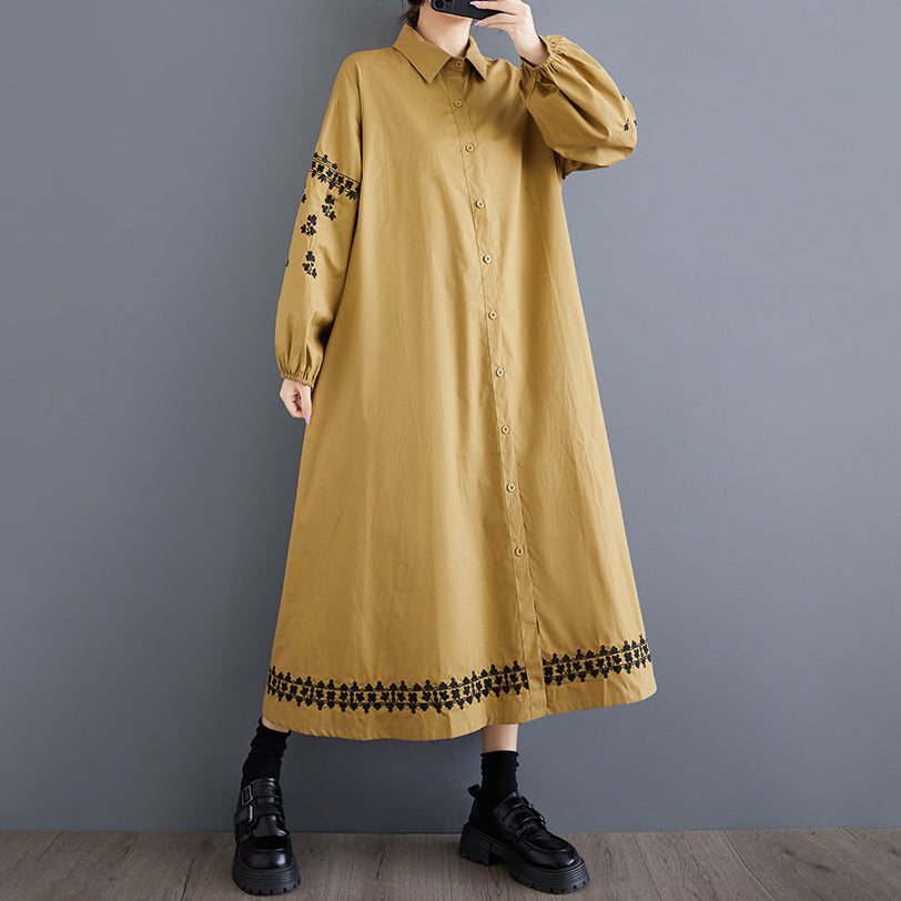 期間限定⭐️60%OFF【ワンピース】春秋新作 ワイドシルエット 大きいサイズ 刺繍アクセント 切り替えシャツワンピース 長袖【AHシリーズ】