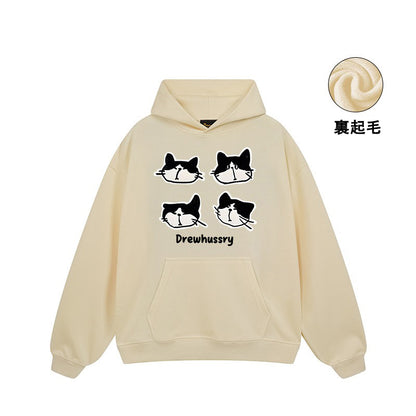 【トップス】🐱カートゥーン猫プリント裏起毛パーカー ユニセックス ペアルック 秋冬 カジュアル【FCシリーズ】