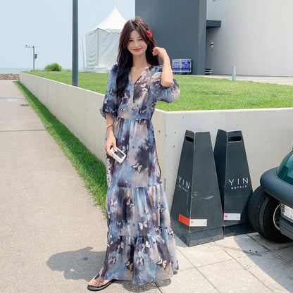 【ワンピース】リゾート風 ロマンティック 蝶々プリント Vネック 半袖ワンピース 高見え バルーンスリーブ サマードレス【SHシリーズ】