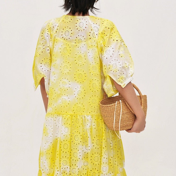 【ワンピース】【15～18日内発送】夏 Vネック 刺繍 透かし彫り 半袖 ワンピース 【JZシリーズ】