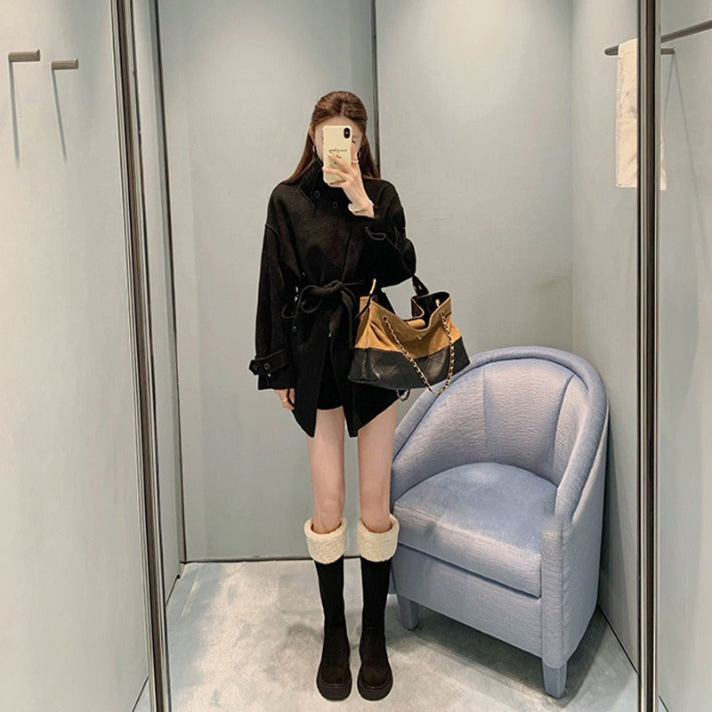 【シューズ】秋冬 新作 厚底 裏起毛 バックジップ ロングブーツ 太ヒール スエード調 【25~30日発送】