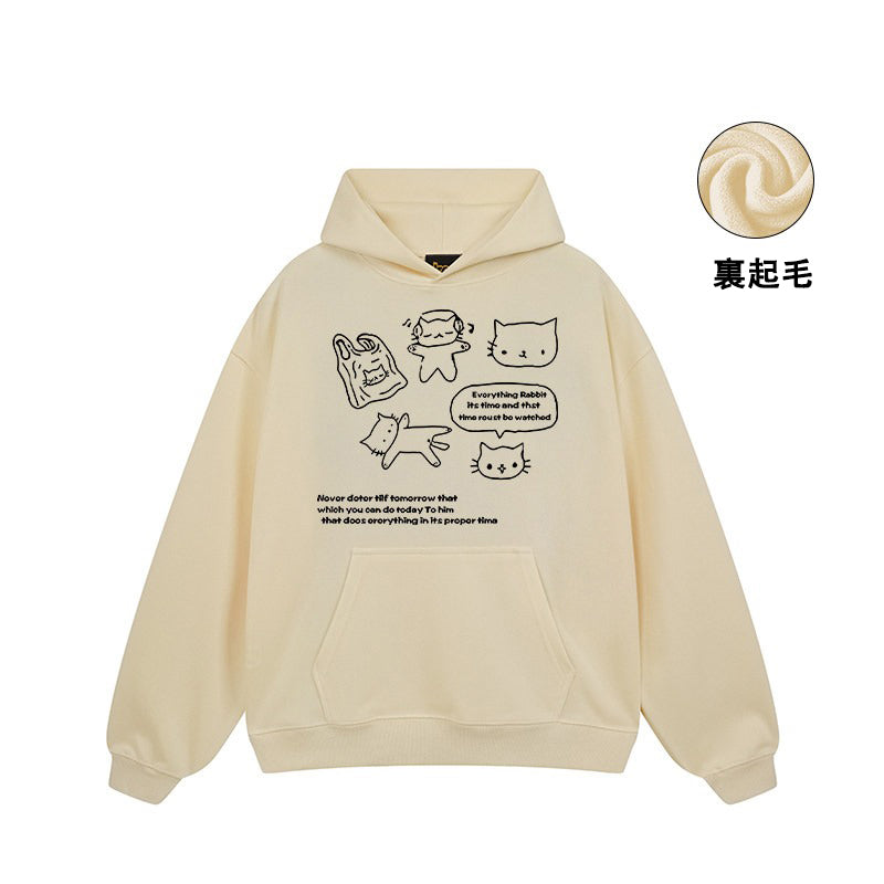 【トップス】🐱ストリート猫プリントヘビーウェイトコットンパーカー ユニセックス ペアルック 秋冬【FCシリーズ】