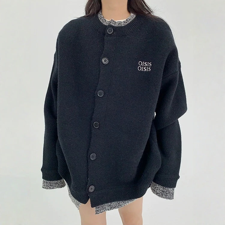 【アウター】春 秋 冬  厚手 フェイクレイヤード ボタン付き ニット ジャケット 【FCシリーズ】