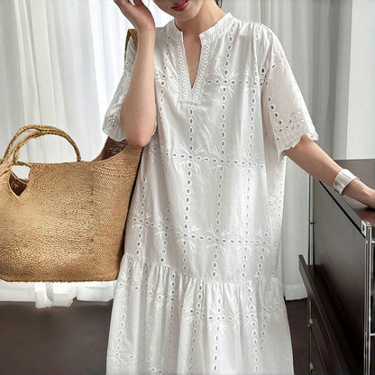 【ワンピース】夏 透かし彫り レース 刺繍 Vネック 半袖 ワンピース【SNシリーズ】