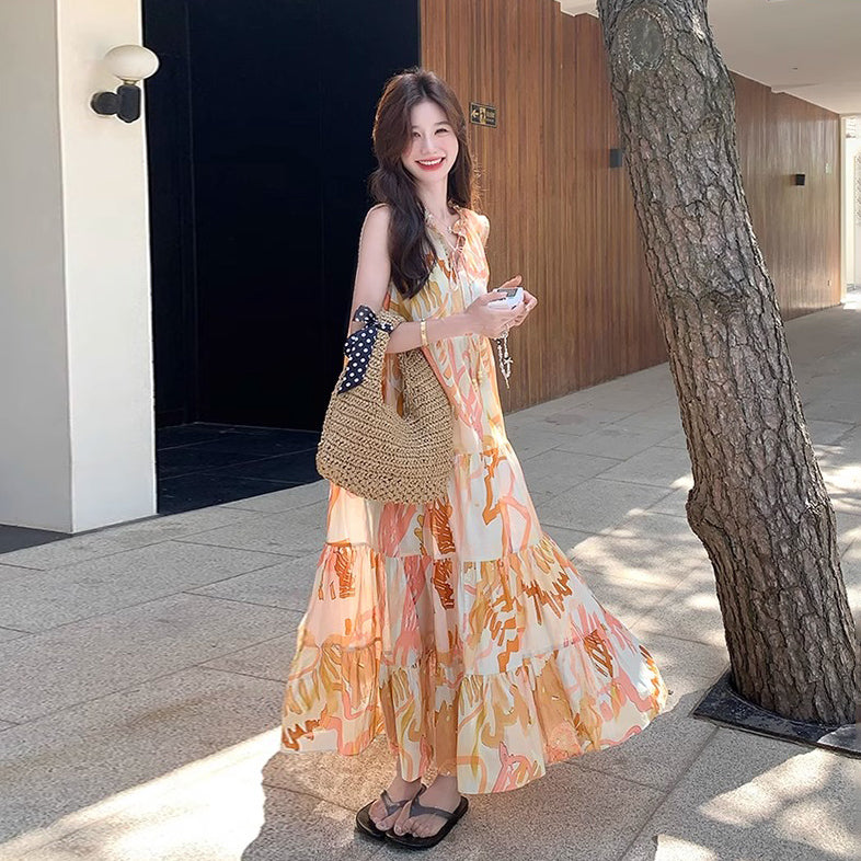 【ワンピース】高級感あふれるロマンティックリゾート風 シフォン花柄ノースリーブワンピース【SHシリーズ】