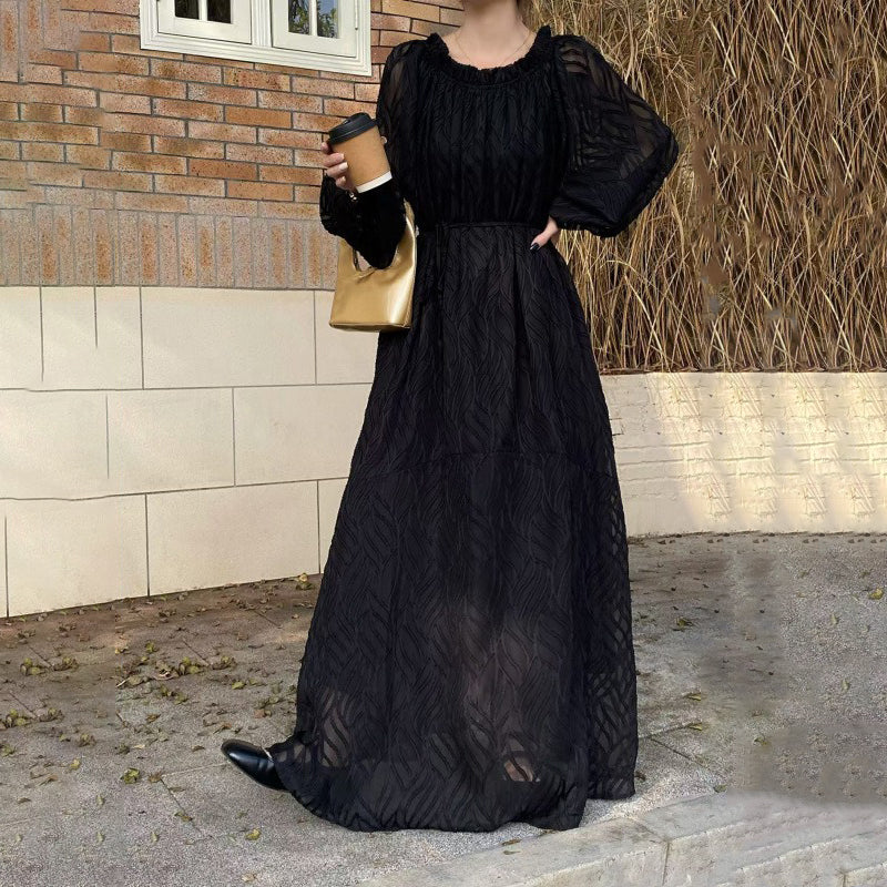 [洋裝] 韓版春夏露肩圓領2way寬鬆長袖連身裙