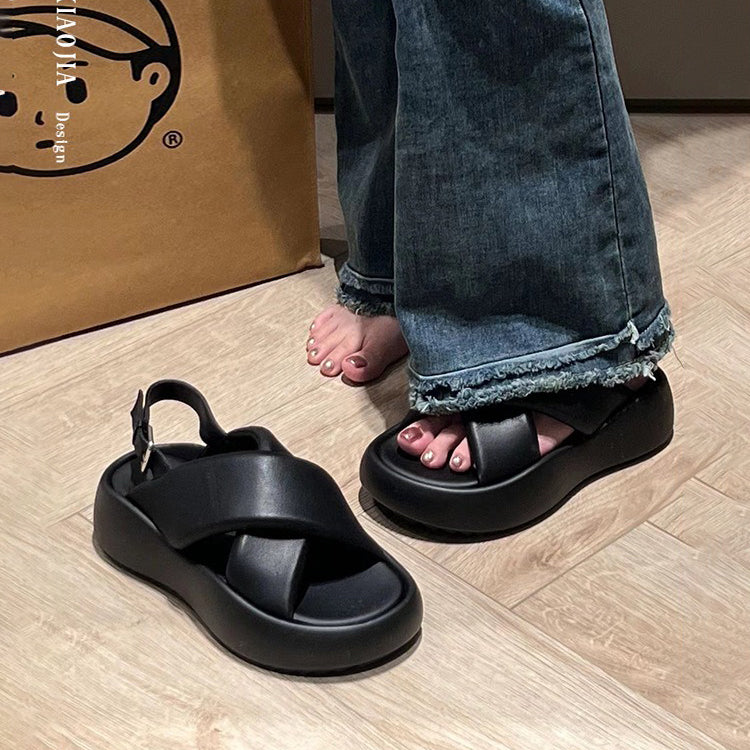 【シューズ】夏新作 高さアップ 厚底 クロスストラップ カジュアルサンダル