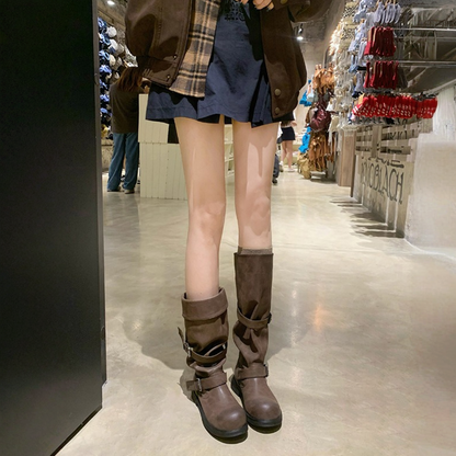 【シューズ】春 秋 冬 筒周りが広い ラウンドトゥ パンツインブーツ 厚底 ライダーブーツ 【JZシリーズ】