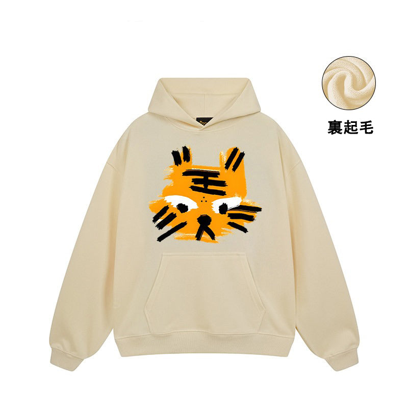 【トップス】🐱ストリートタイガーヘッドプリント裏起毛パーカー ユニセックス ペアルック 秋冬 オーバーサイズ【FCシリーズ】