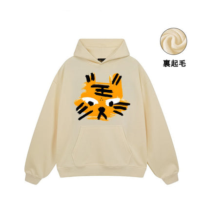 【トップス】🐱ストリートタイガーヘッドプリント裏起毛パーカー ユニセックス ペアルック 秋冬 オーバーサイズ【FCシリーズ】
