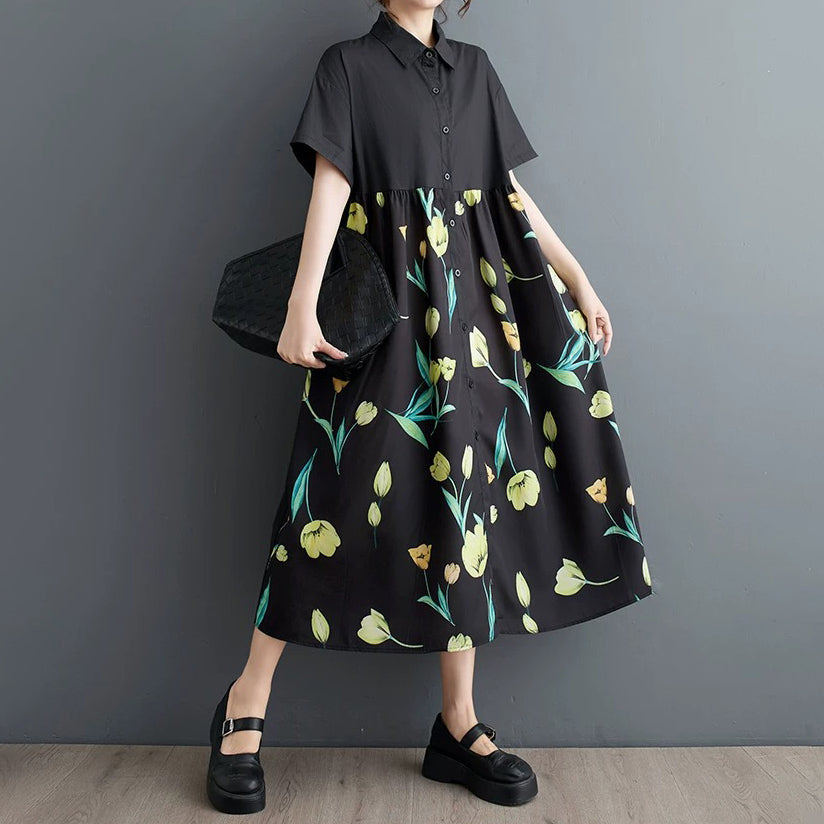 【ワンピース】柄切替ワンピース レディース 夏 半袖 Aライン ゆったり 大きいサイズ 体型カバー ロング丈【SHシリーズ】