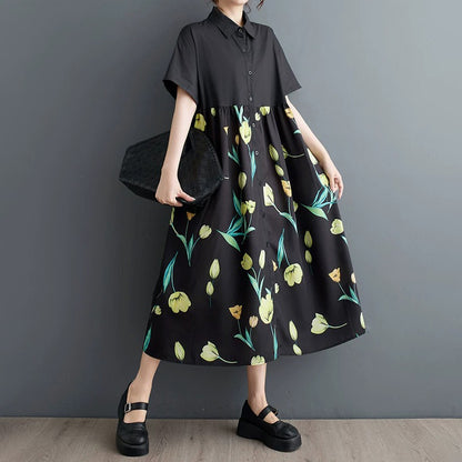 【ワンピース】柄切替ワンピース レディース 夏 半袖 Aライン ゆったり 大きいサイズ 体型カバー ロング丈【SHシリーズ】