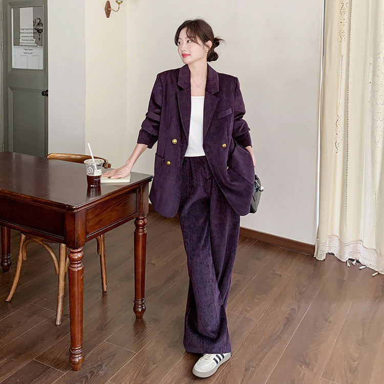 2点セット！【セットアップ】ライトラグジュアリー コーデュロイ 上下セット 2026春新作 ダブルブレスト ジャケット＆ワイドパンツ レディース【JZシリーズ】