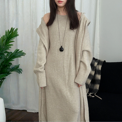 【セットアップ】【単品注文】ゆったり風 ロング丈  春 秋 冬  フード付き カーディガン + ノースリーブ ワンピース 2点ワンピースセット 【JZシリーズ】