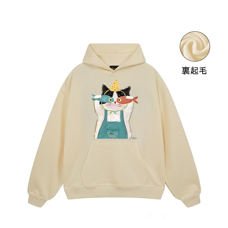 【トップス】🐱アメリカンストリート猫プリントパーカー ユニセックス コットン オーバーサイズ 秋冬コーデ【FCシリーズ】