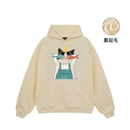 【トップス】🐱アメリカンストリート猫プリントパーカー ユニセックス コットン オーバーサイズ 秋冬コーデ【FCシリーズ】