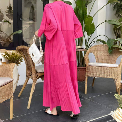 【ワンピース】夏 プリーツ 切り替え 大振裾 半袖 ワンピース