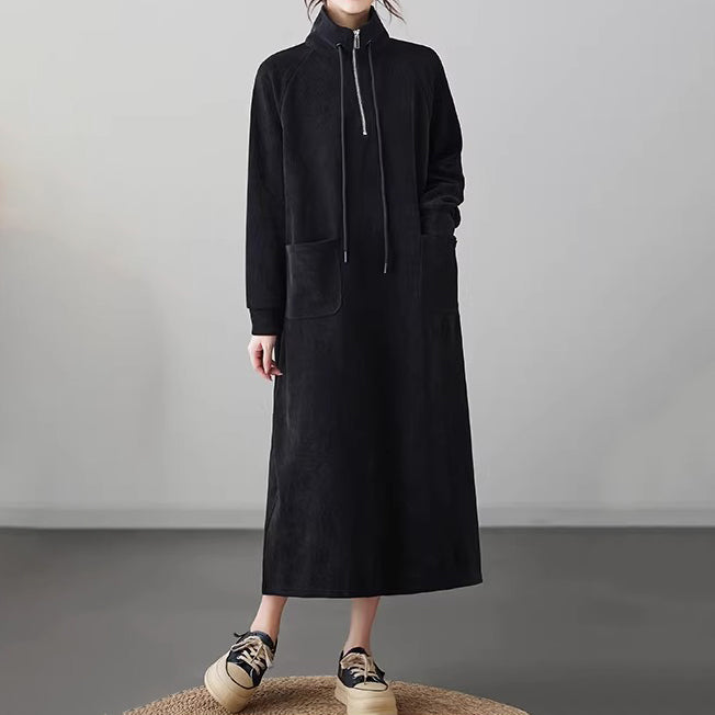 【60%OFF⭐️早い者勝ち】【ワンピース】ジップ＆ドローストリング 切替 ロングワンピース 長袖 ゆったり 大きいサイズ ポケット付き レディース【JZシリーズ】