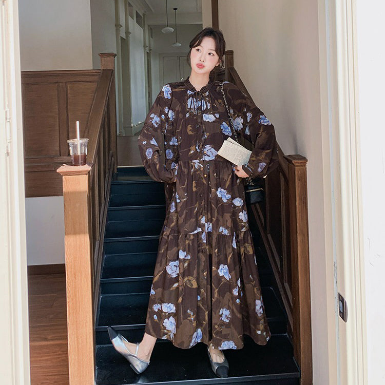 【ワンピース】ヴィンテージ風 フリルカラー 花柄 長袖ワンピース 2026春新作 小柄向け ロング丈【SHシリーズ】