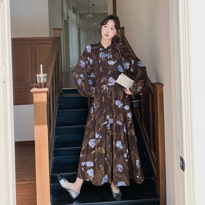 【ワンピース】ヴィンテージ風 フリルカラー 花柄 長袖ワンピース 2026春新作 小柄向け ロング丈【SHシリーズ】