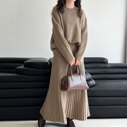 【セットアップ】春 秋 冬 クルーネック セーター + ハイウエスト  細見え プリーツスカート 2点セット 【JZシリーズ】